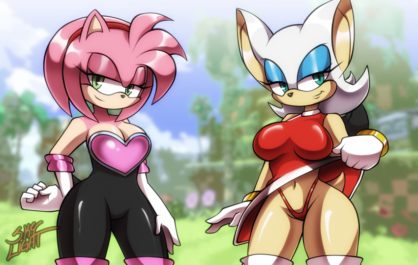 alternate_costume amy_rose anthro armwear big_breasts bottomwear breasts chiropteran cleavage clothed clothing clothing_swap duo elbow_gloves eulipotyphlan female flashing gloves handwear hedgehog hi_res looking_at_viewer mammal panties raised_bottomwear raised_clothing raised_skirt rouge_the_bat sega skirt sky_light sonic_the_hedgehog_(series) underwear wings