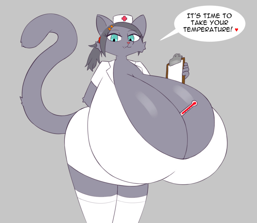 accessory big_breasts breasts cleavage clothed clothing domestic_cat felid feline felis female hat headgear headwear hi_res huge_breasts hyper hyper_breasts looking_at_viewer mammal nurse nurse_clothing nurse_hat nurse_headwear scientific_instrument seductive solo speech_bubble thermometer wafflecat