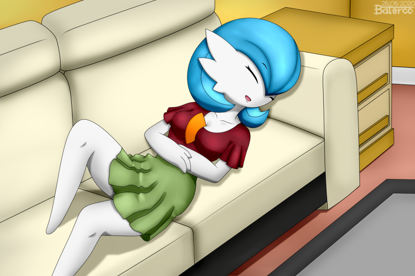 2020 3_fingers baterco blue_hair bodily_fluids bottomwear breasts clothing crossed_arms detailed_background drooling eyes_closed female fingers furniture gardevoir hair hi_res humanoid living_room lucinda_(baterco) lying_on_sofa medium_breasts nintendo not_furry on_sofa open_mouth pok&eacute;mon pok&eacute;mon_(species) raised_leg saliva shiny_pok&eacute;mon shirt signature skirt sleeping sofa solo t-shirt topwear video_games