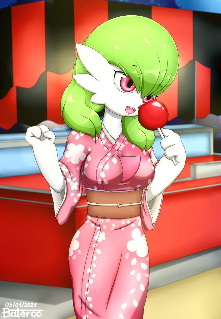 2021 3_fingers absurd_res ailin apple asian_clothing baterco breasts candy candy_apple clothing dated dessert detailed_background east_asian_clothing eating female fingers food gardevoir green_hair hair hi_res humanoid japanese_clothing japanese_festival kimono medium_breasts nintendo not_furry open_mouth pok&eacute;mon pok&eacute;mon_(species) red_eyes signature solo video_games
