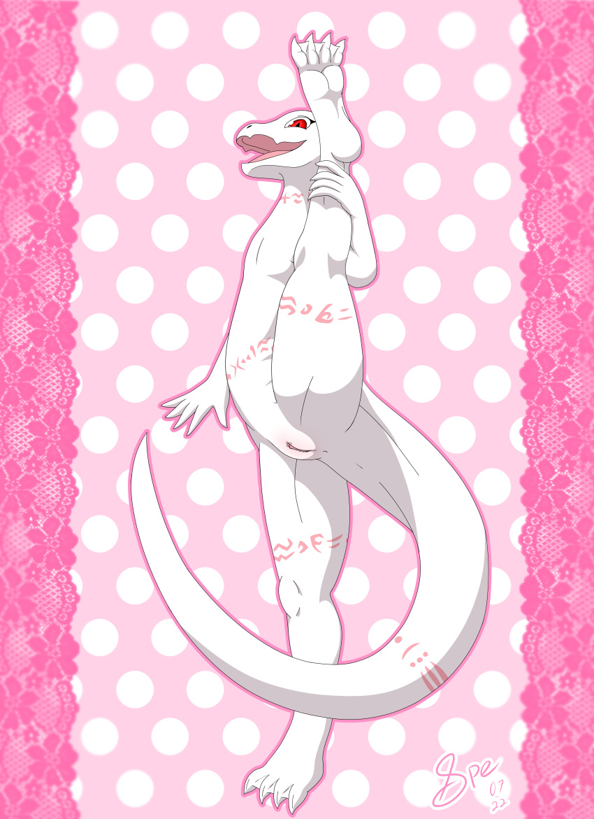2022 4_toes 5_fingers abstract_background absurd_res albino anthro anus belly belly_markings big_clitoris big_tail blush bodily_fluids body_blush cel_shading claws clitoral_hood clitoris crusch_lulu cute_fangs dated digital_drawing_(artwork) digital_media_(artwork) digitigrade dripping erect_clitoris eyelashes fangs feet female fingers flat_chested flexible front_view full-length_portrait genital_fluids genitals hi_res humanoid_hands lace leg_markings long_tail looking_at_viewer markings membrane_(anatomy) neck_markings nude on_one_leg one_leg_up open_mouth open_smile outline overlord_(series) perineum pink_background pink_clitoral_hood pink_clitoris pink_markings pink_outline pink_pussy pink_theme pinup portrait pose pupils pussy pussy_blush pussy_juice pussy_juice_drip raised_leg red_eyes shaded signature simple_background slit_pupils smile smiling_at_viewer snout soles solo spe splits spread_legs spreading standing tail_dimple tail_markings tapering_clitoris thick_tail thick_thighs thigh_markings three-quarter_view toe_claws toes tribal tribal_markings vertical_splits webbed_feet white_anus white_body white_claws