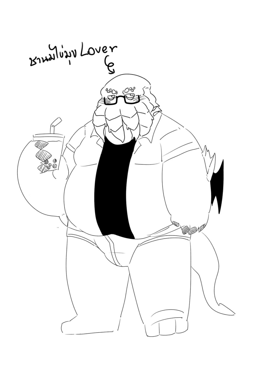 2022 anthro belly big_belly biped clothing cthulhu cthulhu_mythos dragon_night800 eyewear glasses h.p._lovecraft hi_res kemono male overweight overweight_male shirt solo text topwear underwear