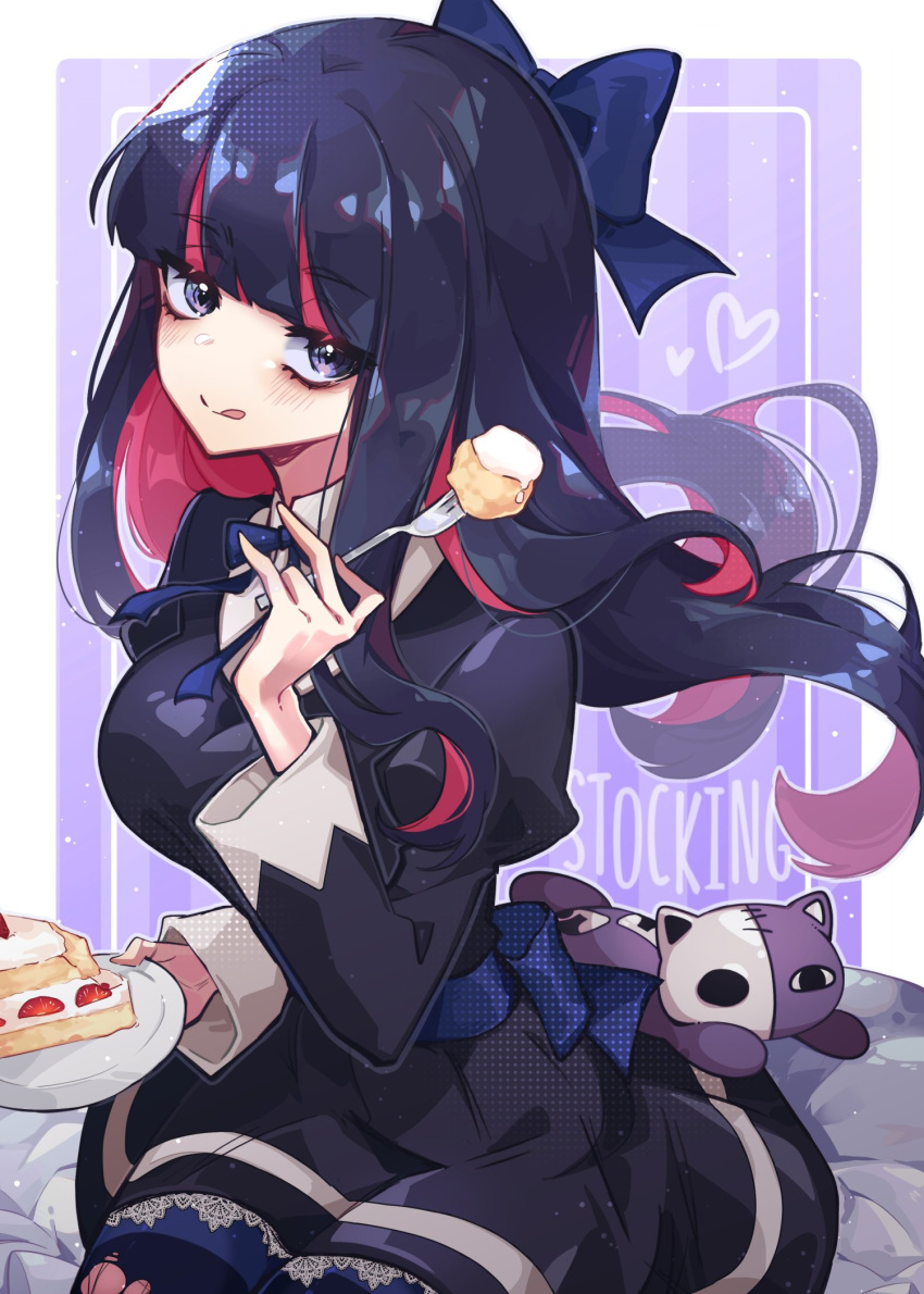 1girl bangs between_legs black_dress black_hair blue_bow blunt_bangs bow breasts cake cat collarbone colored_inner_hair commentary dress eating emi_star english_commentary food fork gothic_lolita hair_bow hand_between_legs highres honekoneko_(psg) lolita_fashion long_hair looking_at_viewer medium_breasts multicolored_hair panty_&amp;_stocking_with_garterbelt plate sideboob simple_background sitting skeleton sketch smile solo stocking_(psg) strawberry_shortcake striped striped_legwear stuffed_toy thick_thighs thighhighs thighs torn_clothes torn_legwear two-tone_hair underwear white_background