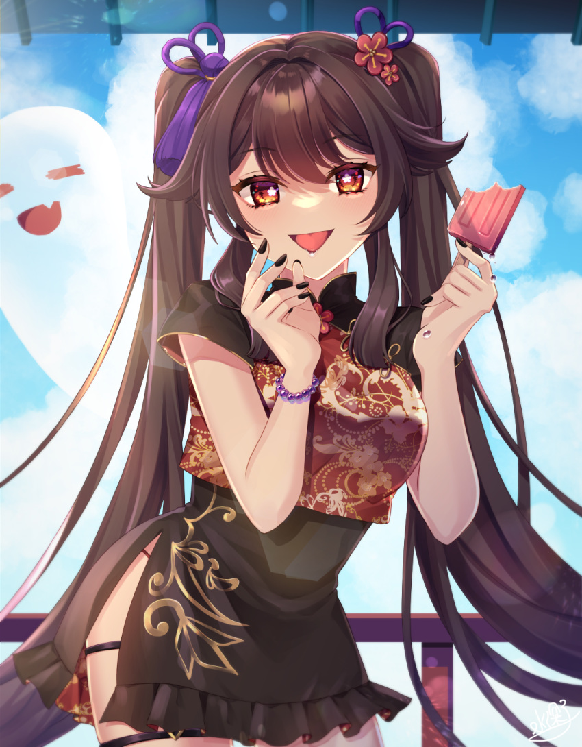 1girl black_dress blue_sky brown_hair china_dress chinese_clothes cloud cloudy_sky dress ewokaku335 food frilled_skirt frills genshin_impact ghost hair_ornament highres hu_tao_(genshin_impact) ice_cream looking_at_viewer open_mouth red_eyes short_sleeves skirt sky smile symbol-shaped_pupils twintails