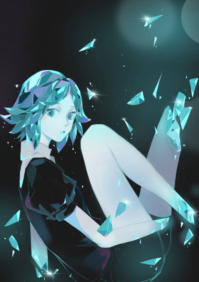1other absurdres amputee aqua_eyes aqua_hair bangs black_shirt breaking broken collared_shirt colored_eyelashes crystal_hair denpa0304 folded from_side gem gem_uniform_(houseki_no_kuni) highres houseki_no_kuni injury knees_to_chest knees_up light_particles looking_at_viewer open_mouth parted_bangs phosphophyllite puffy_sleeves quadruple_amputee shards shirt short_hair shorts sidelocks solo swept_bangs