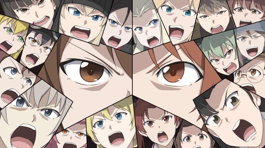 6+girls acchan akaboshi_koume alisa_(girls_und_panzer) anchovy_(girls_und_panzer) asymmetrical_bangs bangs black_hair black_headwear black_ribbon blonde_hair blue_eyes blue_headwear blunt_bangs brown_eyes brown_hair carpaccio_(girls_und_panzer) clara_(girls_und_panzer) commentary darjeeling_(girls_und_panzer) freckles frown fukuda_haru girls_und_panzer glasses green_eyes green_hair grey_hair hair_ribbon hat helmet highres itsumi_erika kadotani_anzu katyusha_(girls_und_panzer) kay_(girls_und_panzer) looking_at_viewer mika_(girls_und_panzer) multiple_girls naomi_(girls_und_panzer) nishi_kinuyo nishizumi_maho nishizumi_miho nishizumi_shiho nonna_(girls_und_panzer) one_eye_closed open_mouth parody parted_bangs pepperoni_(girls_und_panzer) red_hair ribbon rimless_eyewear rosehip_(girls_und_panzer) round_eyewear sawa_azusa siblings sisters tengen_toppa_gurren_lagann twintails v-shaped_eyebrows