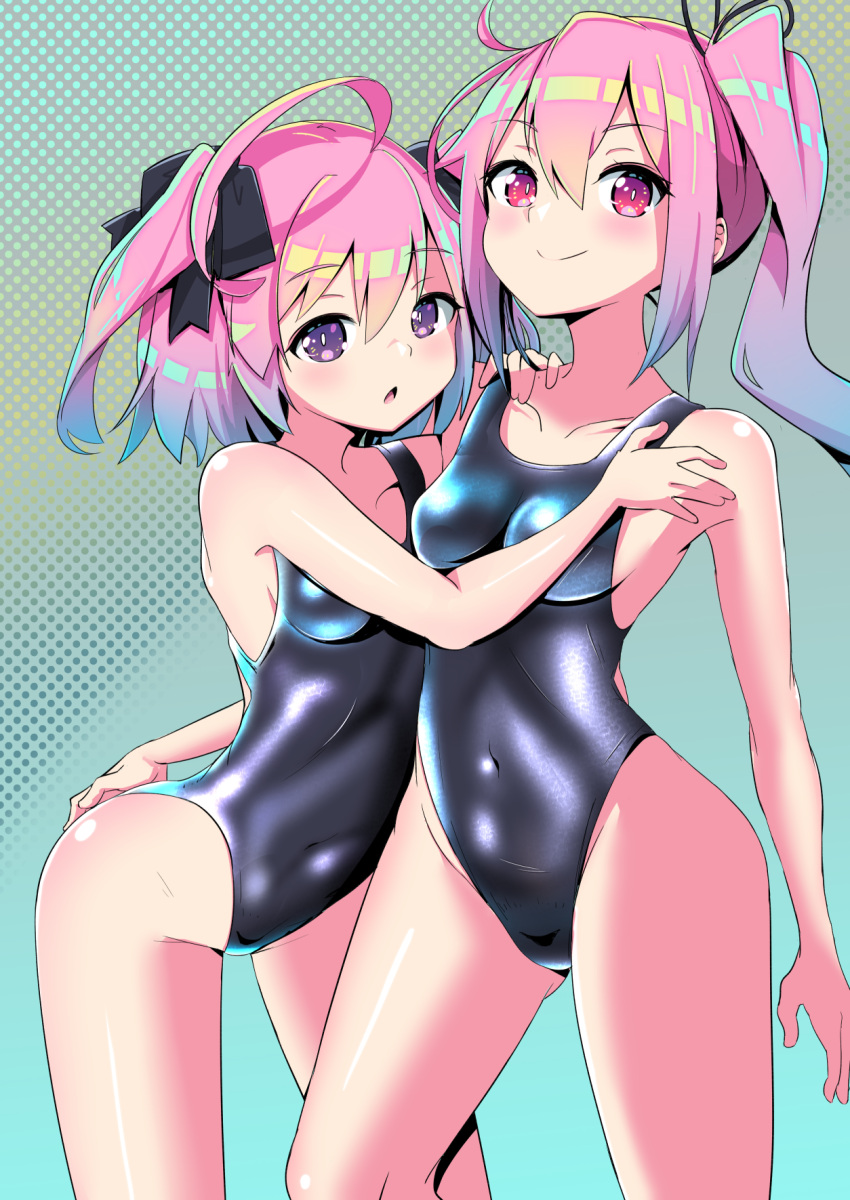 2girls ahoge azur_lane black_swimsuit blue_hair breasts collarbone color_connection commentary_request competition_swimsuit covered_navel edoara gradient_hair hair_color_connection hair_ribbon harusame_(kancolle) highleg highleg_swimsuit highres impossible_clothes impossible_swimsuit kantai_collection medium_breasts multicolored_hair multiple_girls one-piece_swimsuit pink_hair ribbon saratoga_(azur_lane) short_hair side_ponytail standing swimsuit twintails