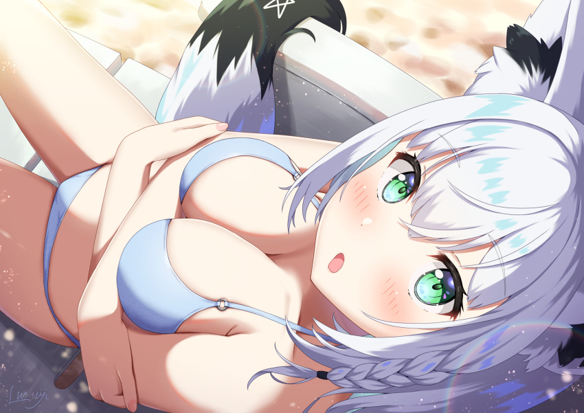 1girl :o animal_ear_fluff animal_ears artist_name bangs bikini blurry blurry_background blush braid breasts cleavage commentary_request crossed_arms day fox_ears fox_girl fox_tail green_eyes hair_between_eyes highres hololive light_particles looking_at_viewer looking_back luvniji medium_breasts pentagram shirakami_fubuki sidelocks single_braid sitting solo swimsuit tail virtual_youtuber white_bikini white_hair
