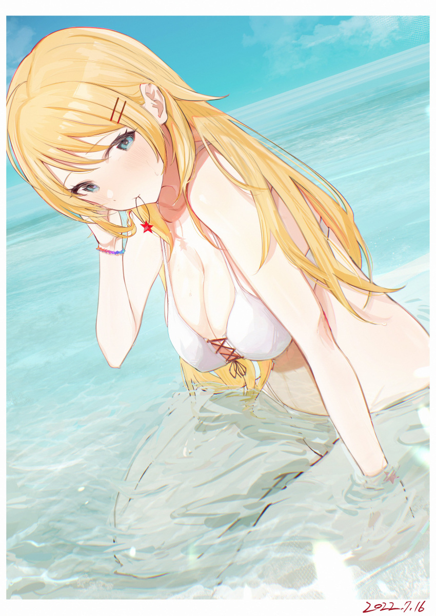 1girl absurdres bikini blonde_hair bracelet breasts cleavage cross-laced_bikini cross-laced_clothes hachimiya_meguru hair_ornament hairpin highres idolmaster idolmaster_cinderella_girls jewelry karya looking_at_viewer medium_breasts mouth_hold outdoors reflection reflective_water refraction rubber_band sitting solo swimsuit wariza water white_bikini