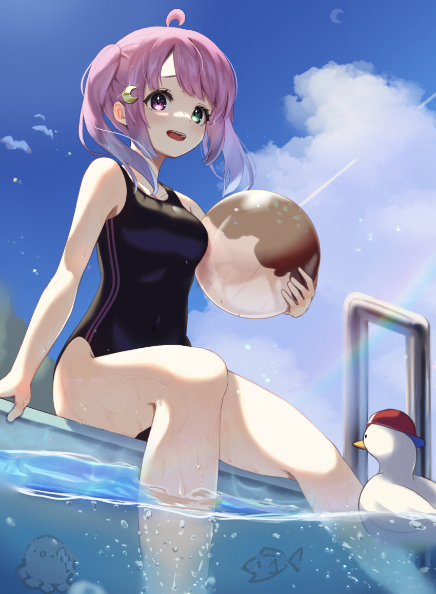 1girl ahoge ball bird black_swimsuit blue_sky cloud commentary_request duck gradient_hair highres himemori_luna hololive iori_(ripimaru874) long_hair multicolored_hair new_school_swimsuit pink_hair pool_ladder purple_eyes school_swimsuit sitting sky soaking_feet solo subaru_duck swimsuit twintails virtual_youtuber water wavy_hair