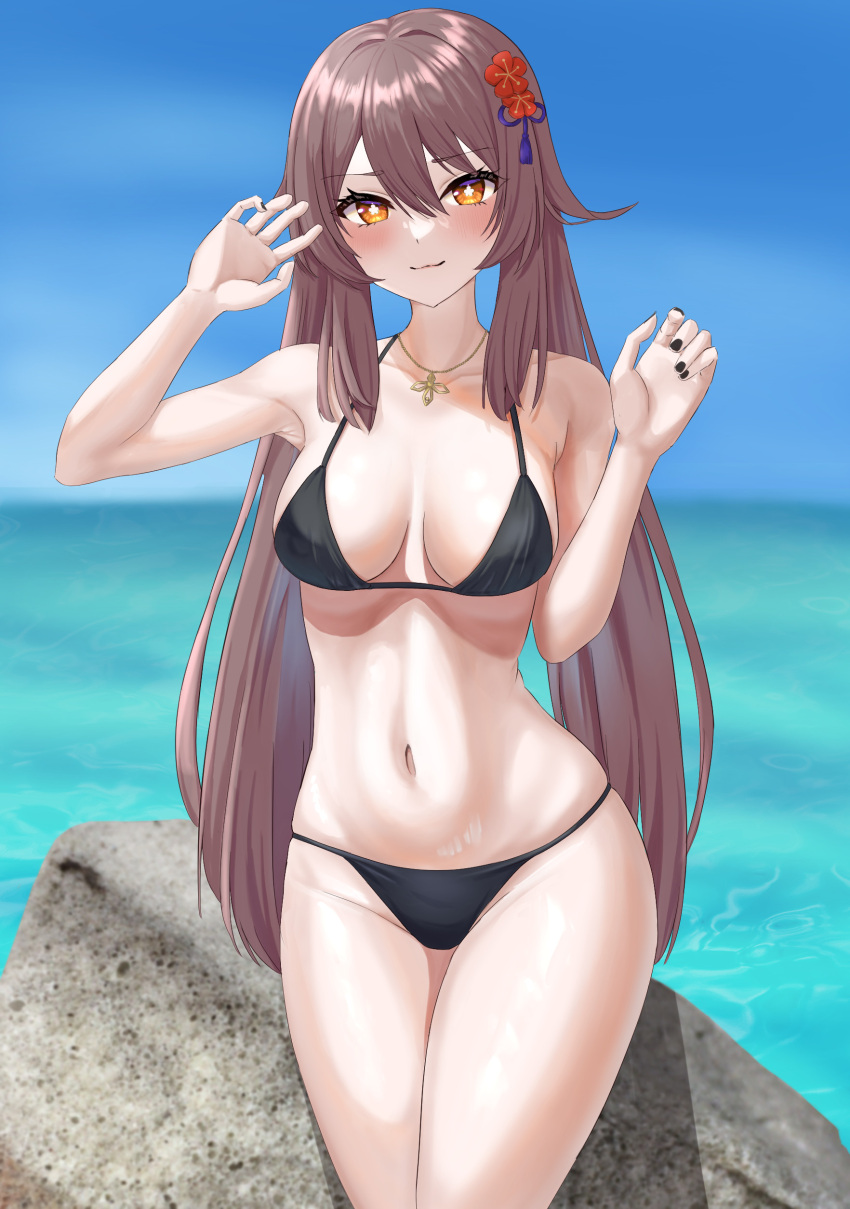 1girl absurdres armpits bangs bikini black_bikini black_nails blush breasts breasts_apart brown_hair flower genshin_impact hair_between_eyes highres hu_tao_(genshin_impact) jewelry long_hair looking_at_viewer medium_breasts midriff navel necklace ocean red_eyes smile solo swimsuit symbol-shaped_pupils twintails ushimizu