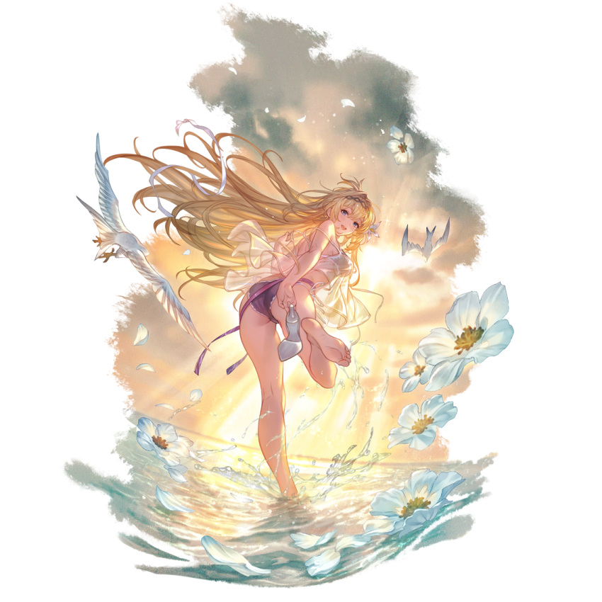 1girl bangs bikini bird blonde_hair blue_eyes day flower granblue_fantasy jeanne_d'arc_(granblue_fantasy) long_hair looking_at_viewer official_art open_mouth shoes shoes_removed single_shoe solo standing standing_on_one_leg swimsuit transparent_background white_footwear