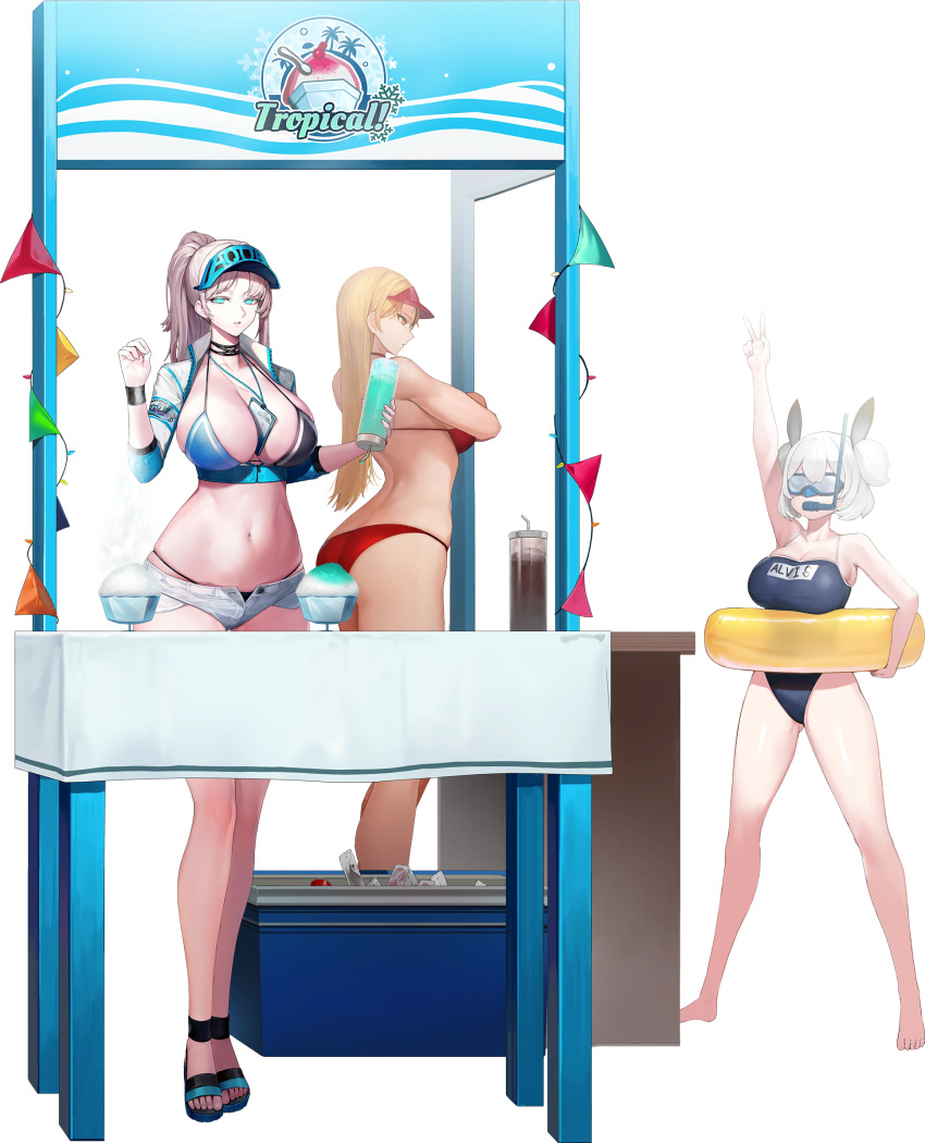 3girls alvis_(last_origin) arm_up between_breasts bikini blonde_hair blue_eyes breasts card card_between_breasts cup diving_mask goggles highres innertube jam_(nandade) lanyard large_breasts last_origin long_hair micro_shorts mnemosyne_(last_origin) multiple_girls navel official_art open_clothes open_vest queen_of_mane red_bikini sandals school_swimsuit shorts slushie snorkel swimsuit vest visor_cap white_hair yellow_eyes