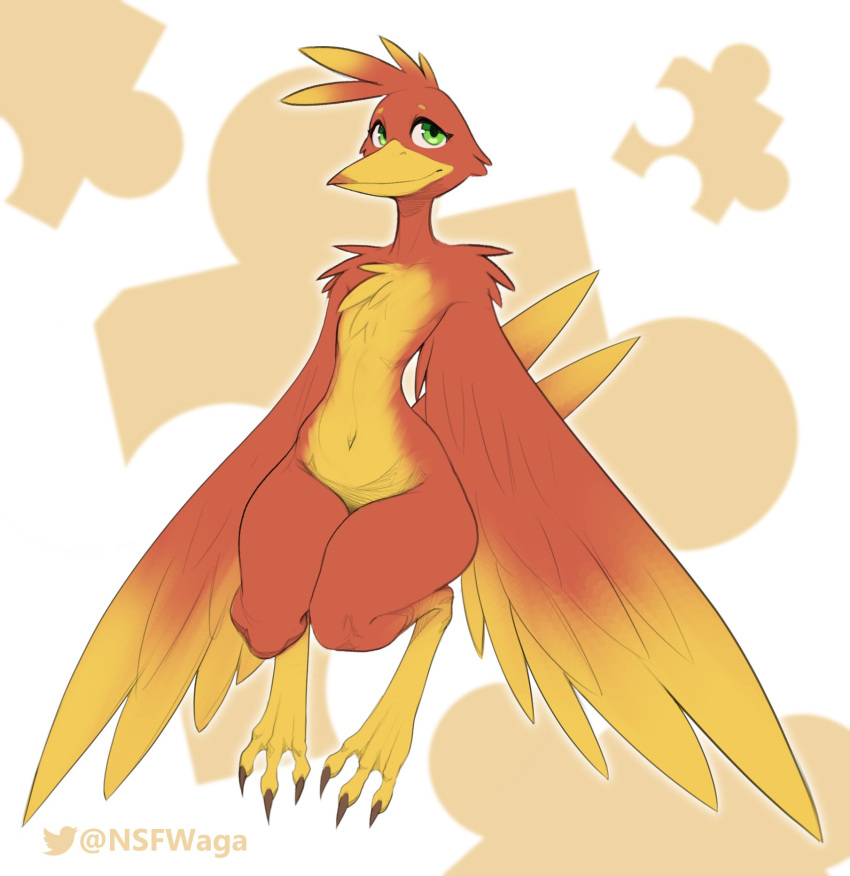 anthro avian banjo-kazooie beak bird breegull eyelashes feathers female green_eyes hi_res kazooie rareware red_body signature simple_background solo tail_feathers talons video_games w4g4 yellow_body