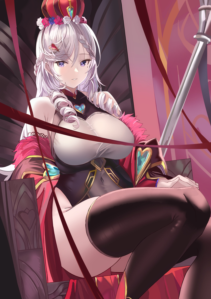 1girl absurdres algerie_(azur_lane) algerie_(red_queen's_decree)_(azur_lane) azur_lane blush breasts drill_hair flower fur_trim gloves highres large_breasts leotard long_hair looking_at_viewer mole mole_under_eye off_shoulder official_alternate_costume purple_eyes scepter sitting smile solo thick_thighs thighs throne tnr_(horiko1525)