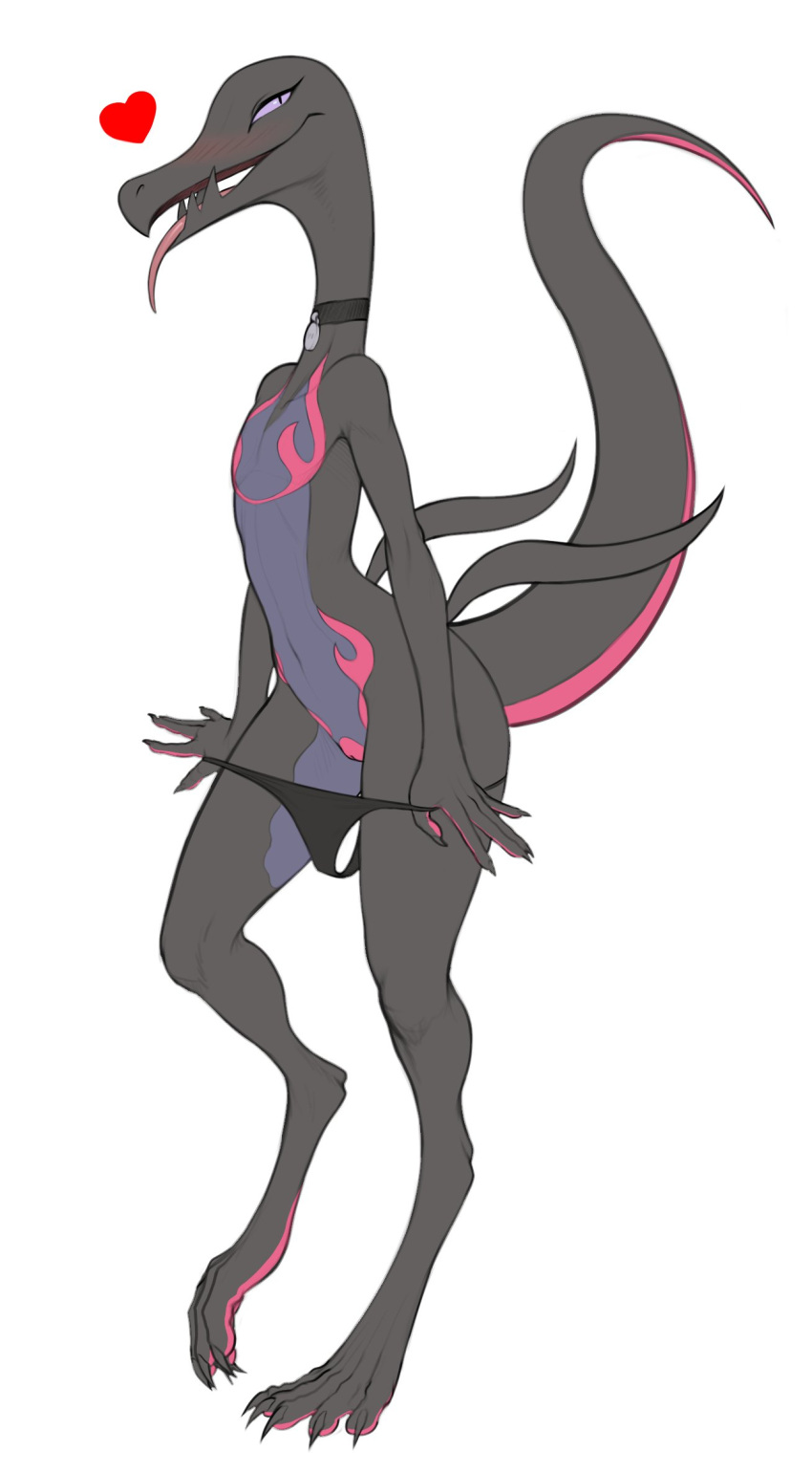 &lt;3 anthro blush clothed clothing collar dark_body eyelashes female genitals hi_res lizard nintendo nude panties panties_down partially_clothed pok&eacute;mon pok&eacute;mon_(species) purple_sclera pussy reptile salazzle scalie simple_background solo tongue tongue_out underwear underwear_down video_games w4g4 white_background