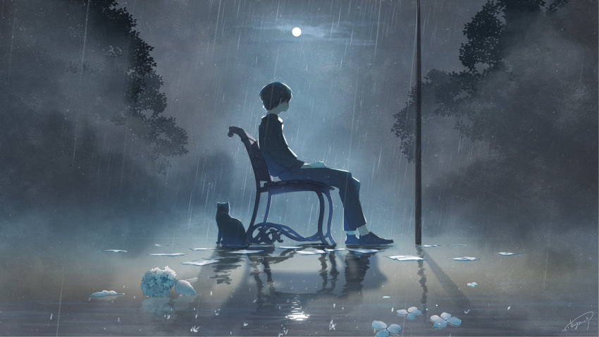 1boy aky_ami animal bench black_cat black_hair cat commentary_request fog from_side highres long_sleeves looking_to_the_side moon night night_sky original paper park_bench radish rain reflection shoes short_hair sidelighting signature sitting_on_bench sky sleeves_rolled_up sneakers solo