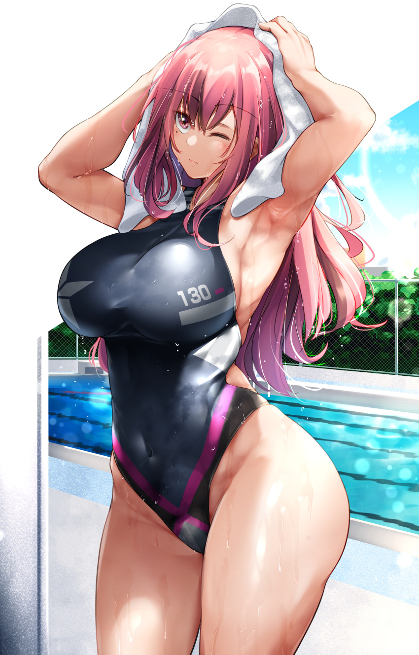 1girl absurdres alternate_costume armpits arms_up azur_lane bangs bare_shoulders black_swimsuit blue_sky breasts bremerton_(azur_lane) chain-link_fence character_name cloud competition_swimsuit covered_navel crop_top day drying drying_hair fence grey_hair groin hair_between_eyes highleg highres large_breasts lens_flare long_hair mole mole_under_eye multicolored_hair one-piece_swimsuit open_mouth oriue_wato outdoors page_number pink_eyes pink_hair pool poolside sidelocks sky solo standing star_(symbol) star_print streaked_hair swimsuit thick_thighs thighs towel towel_on_head two-tone_hair wet