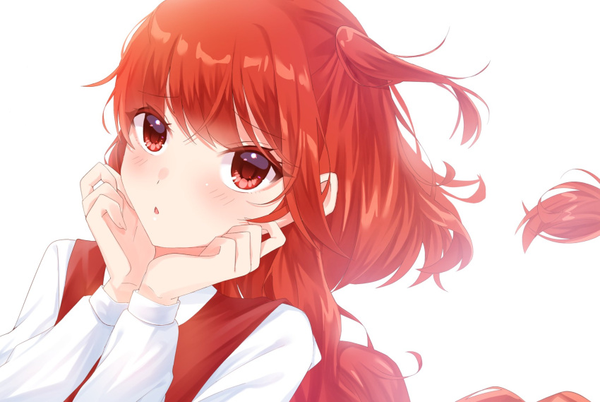 1girl bangs blush braid collared_shirt hands_on_own_chin highres long_hair long_sleeves looking_at_viewer milll_77 okazaki_yumemi open_mouth red_eyes red_hair red_vest shirt side_ponytail single_braid solo touhou touhou_(pc-98) very_long_hair vest white_background white_shirt