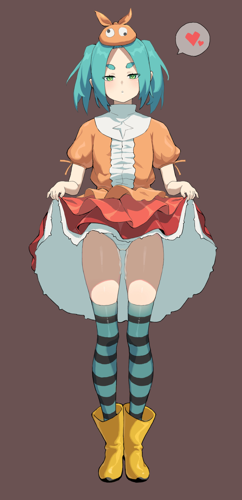 1girl absurdres aqua_hair bangs blush boots brown_background clothes_lift commentary_request full_body googly_eyes green_eyes hat heart heart-shaped_pupils highres lifted_by_self looking_at_viewer monogatari_(series) ononoki_yotsugi orange_headwear orange_shirt panties parted_lips q_haoyu red_skirt shirt short_twintails simple_background skirt skirt_lift solo spoken_heart standing striped striped_legwear symbol-shaped_pupils thighhighs twintails underwear white_panties yellow_footwear