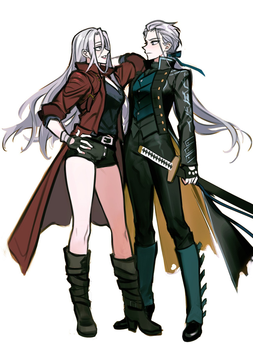 2girls blue_coat boots bow breasts coat cowboy_boots dante_(devil_may_cry) devil_may_cry_(series) devil_may_cry_5 fingerless_gloves genderswap genderswap_(mtf) gloves highres holding holding_weapon long_hair looking_at_another multiple_girls ponytail red_coat vergil_(devil_may_cry) weapon wuliu_heihuo yamato_(sword)