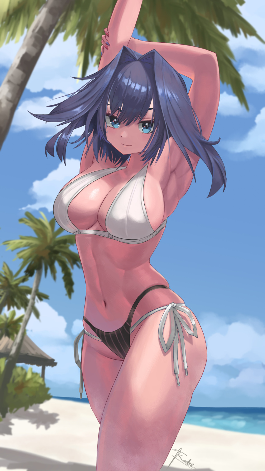 1girl absurdres arm_up armpits artist_name beach bikini blue_eyes blue_hair blue_nails blue_sky breasts cloud highres hololive hololive_english large_breasts mismatched_bikini navel ocean ouro_kronii palm_tree red_nails roober sand signature sky smile summer swimsuit tree white_bikini