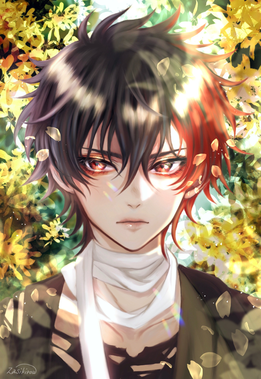 1boy absurdres brown_hair closed_mouth facing_viewer highres hizen_tadahiro leaf looking_to_the_side male_focus multicolored_hair red_eyes red_hair scarf short_hair solo touken_ranbu tree zasikirou