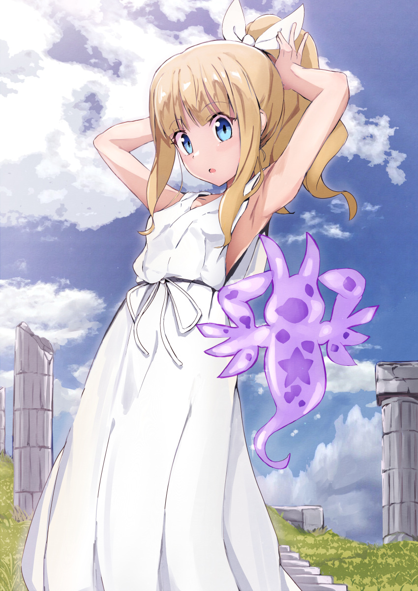 1girl absurdres armpits arms_behind_head arms_up bangs bare_shoulders blonde_hair blue_eyes blue_sky blush breasts dress erica_ainsworth fate/kaleid_liner_prisma_illya fate_(series) highres kebab_(blackdoll) long_hair looking_at_viewer open_mouth ponytail sky small_breasts white_dress