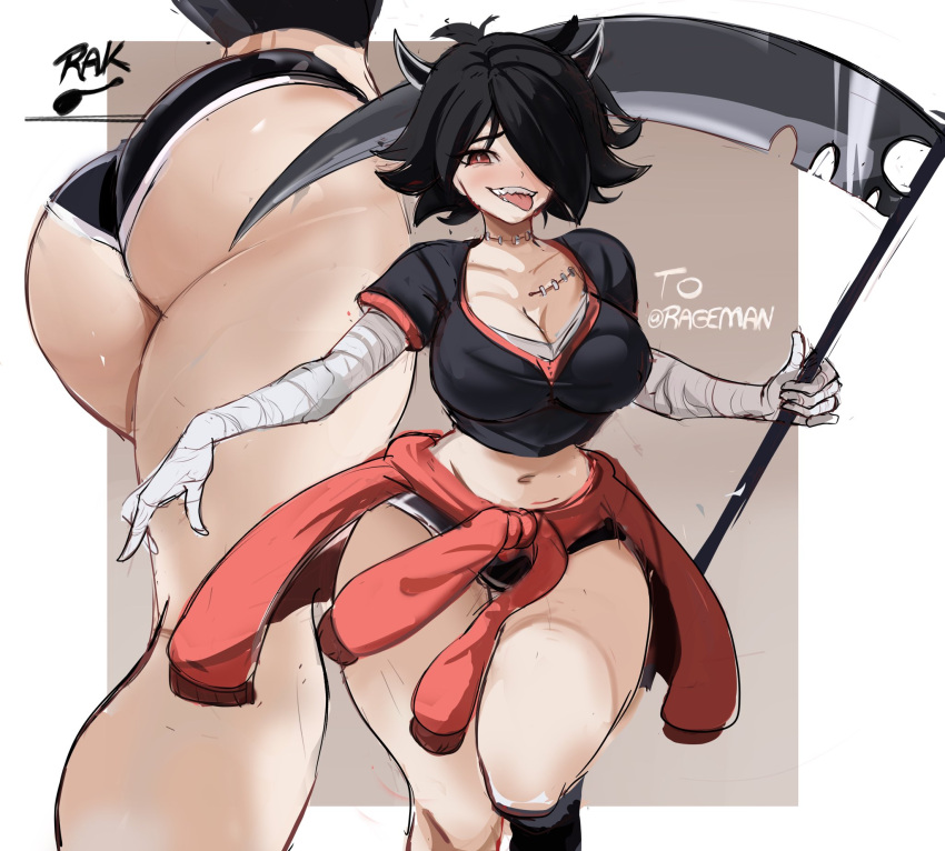 1girl ass black_hair black_horns black_shirt black_shorts black_socks borrowed_character breasts brown_background commission hair_over_one_eye highres holding holding_weapon horns large_breasts leg_up navel original outside_border rakeemspoon red_eyes scythe sharp_teeth shirt short_hair short_shorts shorts signature socks stitched_neck stitches stitching symbol-only_commentary tank_top teeth thick_thighs thighs tongue tongue_out twitter_username weapon