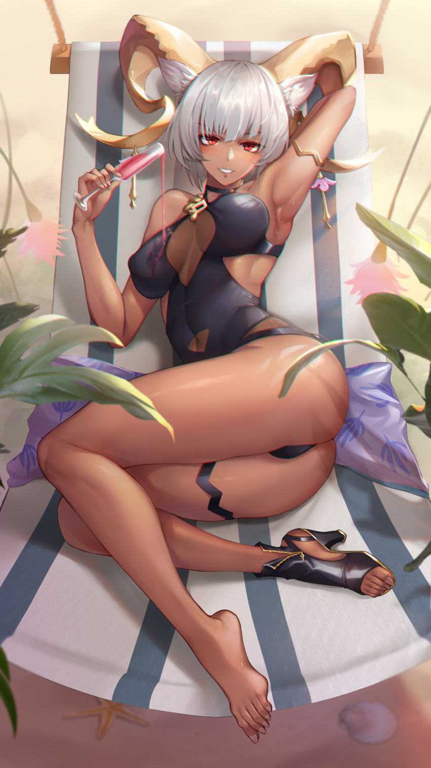 1girl :d absurdres animal_ears arknights arm_up armlet armpits ass bangs barefoot black_footwear black_swimsuit breasts breasts_apart carnelian_(arknights) carnelian_(shining_dew)_(arknights) casual_one-piece_swimsuit covered_navel cup dark-skinned_female dark_skin day full_body gins goat_ears goat_girl goat_horns grey_hair hammock high_heels highres holding holding_cup horns large_breasts lying official_alternate_costume on_side one-piece_swimsuit outdoors parted_lips pillow plant pouring pouring_onto_self red_eyes seashell shell shoes short_hair single_shoe smile solo starfish swimsuit thigh_strap toeless_footwear