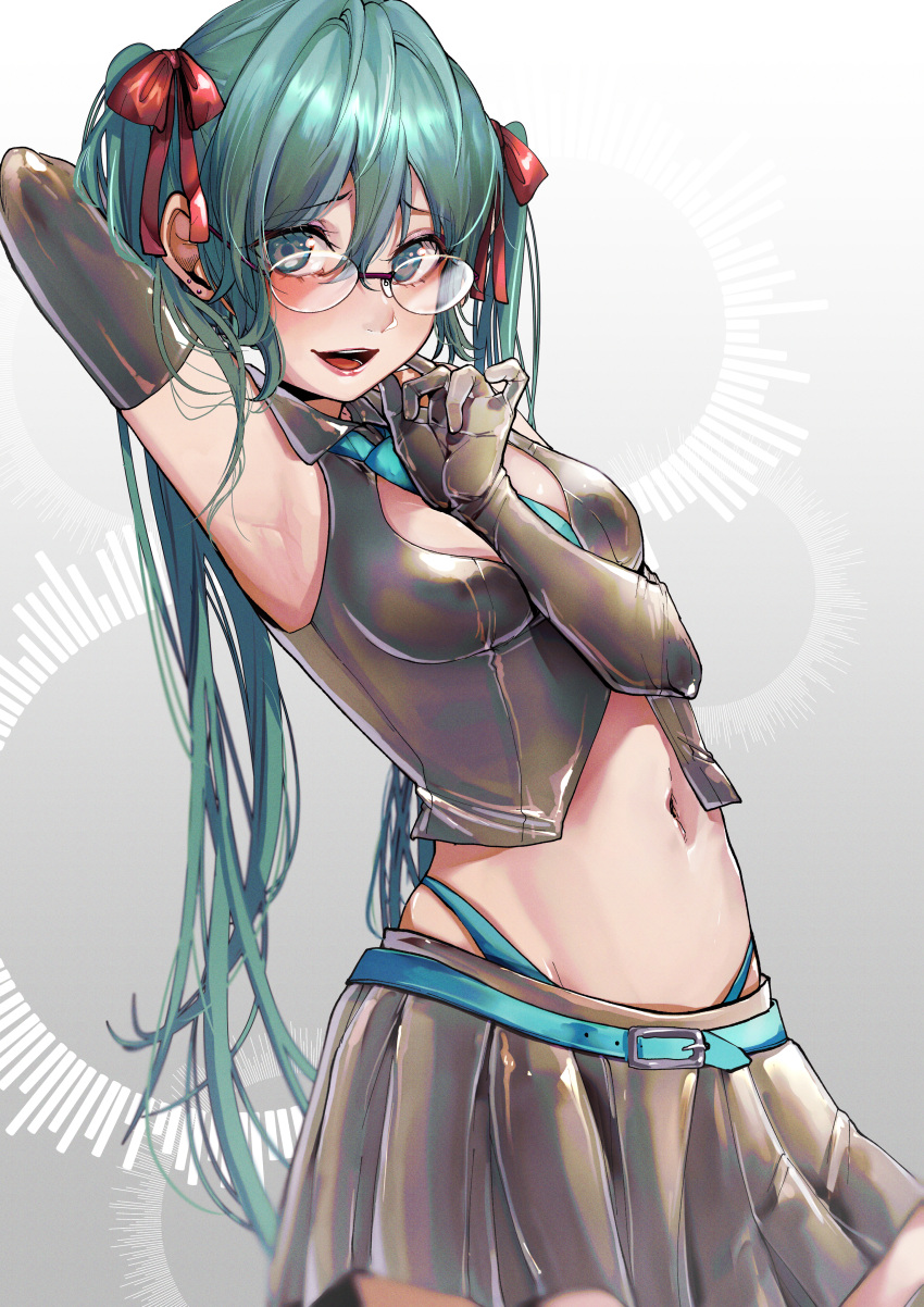 absurdres aqua_hair aqua_panties armpits black_gloves black_skirt elbow_gloves glasses gloves hatsune_miku highres long_hair looking_at_viewer navel necktie open_mouth panties piercing red_ribbon ribbon skirt sleeveless suama_(suama-333) twintails underwear vocaloid