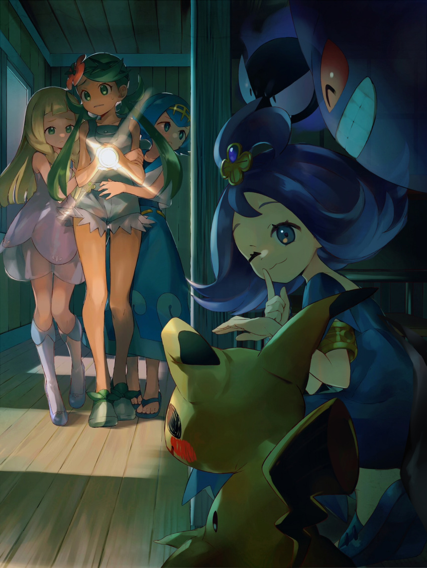 4girls acerola_(pokemon) armlet bangs blonde_hair blue_hair blue_pants blunt_bangs commentary_request dress finger_to_mouth flashlight flip-flops flipped_hair gastly gengar green_eyes green_footwear green_hair grey_eyes grey_overalls hairband highres indoors kneehighs lana_(pokemon) lillie_(pokemon) long_hair mallow_(pokemon) mimikyu multiple_girls orange_mikan overall_shorts overalls pants pokemon pokemon_(creature) pokemon_(game) pokemon_sm sandals see-through shirt shoes short_hair short_sleeves shushing sleeveless sleeveless_dress socks standing sundress swept_bangs topknot twintails white_dress white_shirt wooden_floor yellow_hairband