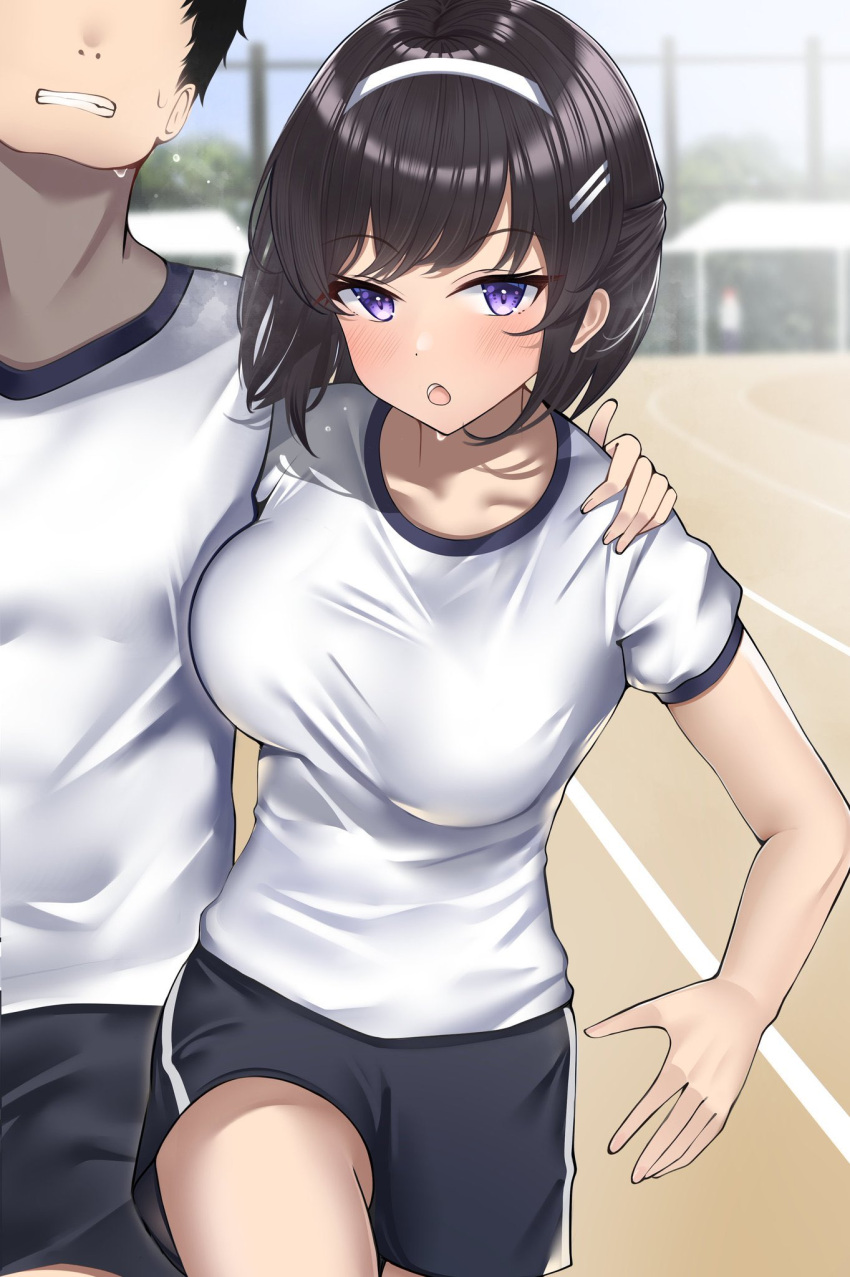 1boy 1girl black_hair blurry blurry_background blush breast_press breasts clenched_teeth faceless faceless_male gym_shirt gym_shorts hand_on_another's_shoulder highres kaku_yone large_breasts original outdoors purple_eyes shirt shorts solo_focus teeth three-legged_race track_and_field