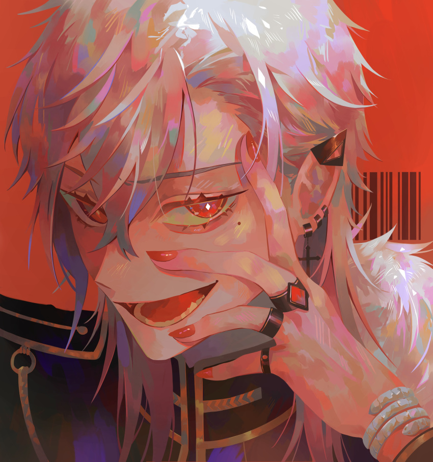 1boy absurdres barcode bracelet bright_pupils close-up cross cross_earrings diamond-shaped_pupils diamond_(shape) ear_piercing earrings fingernails fur_trim gem grey_hair hair_between_eyes highres jewelry kinakomocci518 kuzuha_(nijisanji) male_focus mole mole_under_eye nijisanji open_mouth piercing pinky_ring red_background red_eyes red_gemstone red_nails red_theme ring simple_background smile solo symbol-shaped_pupils teeth tongue turtleneck upper_body vampire virtual_youtuber white_pupils