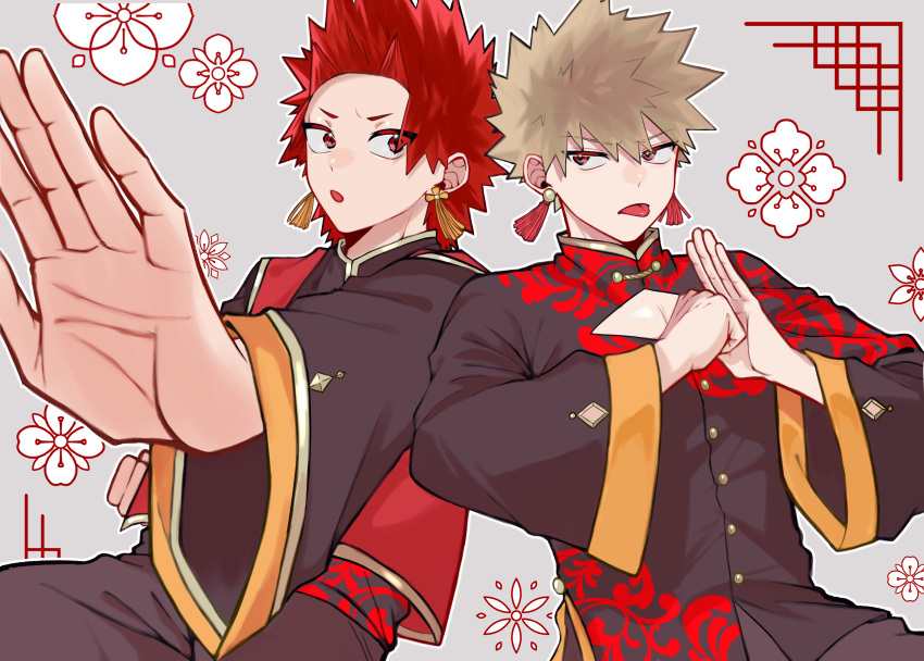 2boys :o absurdres bakugou_katsuki blonde_hair boku_no_hero_academia chinese_clothes cleavage_cutout clenched_hand clothing_cutout earrings fighting_stance floral_background foreshortening grey_background hane11254 highres jewelry kirishima_eijirou male_focus multiple_boys outline red_eyes red_hair spiked_hair tassel tassel_earrings tongue tongue_out white_outline