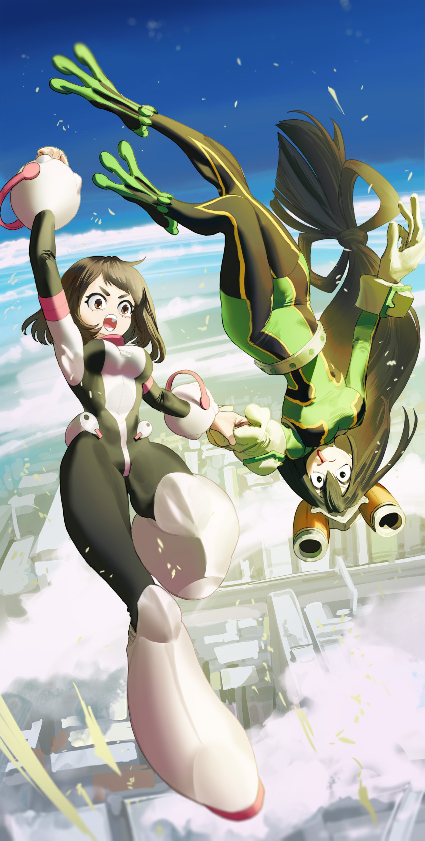 2girls absurdres arm_up asui_tsuyu belt black_eyes blue_sky bodysuit boku_no_hero_academia brown_eyes brown_hair building city cityscape clenched_hand closed_mouth cloud costume covered_navel floating ghdwid gloves goggles goggles_on_head green_bodysuit green_gloves green_hair hair_between_eyes highres holding holding_hands long_hair long_tongue medium_hair multiple_girls no_nose open_mouth outdoors sky teeth tongue tongue_out turtleneck upside-down uraraka_ochako very_long_hair