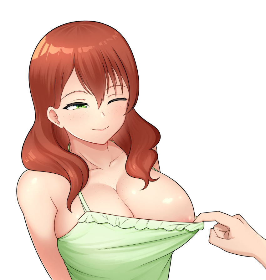 1girl ;) absurdres areola_slip assisted_exposure bangs bare_shoulders breasts camisole camisole_pull emma_verde's_mother freckles green_camisole green_eyes hair_between_eyes hair_over_shoulder highres large_breasts long_hair love_live! love_live!_nijigasaki_high_school_idol_club mature_female one_eye_closed red_hair skindentation smile solo_focus upper_body yisusjpl