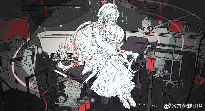 1girl absurdres ambiguous_red_liquid ankle_boots ayn_alwyn ayn_alwyn_(eden) ayn_alwyn_(godheim) ayn_alwyn_(infinite_empire) ayn_alwyn_(mist_city) ayn_alwyn_(spirit_world) bath bath_of_blood bathtub beaker beret blood blood_bag boots cardigan character_doll closed_eyes closed_mouth colored_eyelashes doll examination_table fang_zheng_gao_qiepian flask fold-over_boots full_body grand_piano greyscale hair_between_eyes hair_ribbon hat heroine_(lovebrush_chronicles) highres holding holding_doll hugging_doll hugging_object instrument intravenous_drip iv_stand long_hair long_skirt long_sleeves lovebrush_chronicles monochrome piano ribbon screen sitting skirt smile solo sparkle spot_color string string_of_fate surgical_light test_tube test_tube_rack watermark weibo_watermark