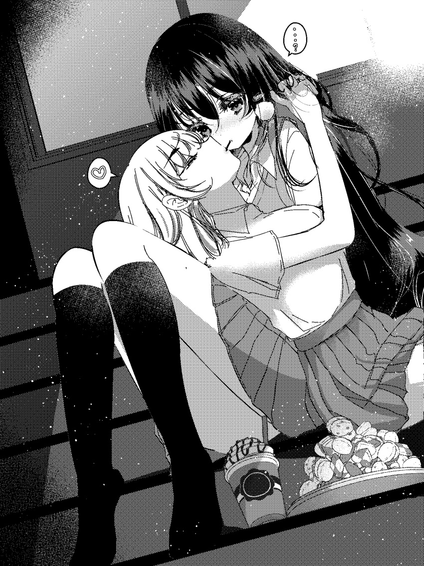 2girls black_socks closed_eyes food greyscale hand_in_another's_hair heart highres looking_at_another lying_on_another macaron monochrome multiple_girls no_shoes pocky pocky_kiss school_uniform sitting socks stairs yotsuba_masumi yuri