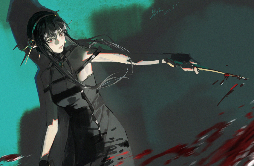 1girl arm_at_side bangs bare_shoulders black_dress black_gloves black_hair blood blood_splatter breasts cleavage commentary cowboy_shot dark dated dress earrings english_commentary fingerless_gloves floating_hair flower gloves hair_flower hair_ornament hairband highres holding holding_weapon jewelry long_hair looking_away looking_to_the_side outstretched_arm red_eyes rose shadow shuangbatian sidelocks signature sketch sleeveless sleeveless_dress solo spikes spy_x_family updo weapon yellow_flower yellow_rose yor_briar