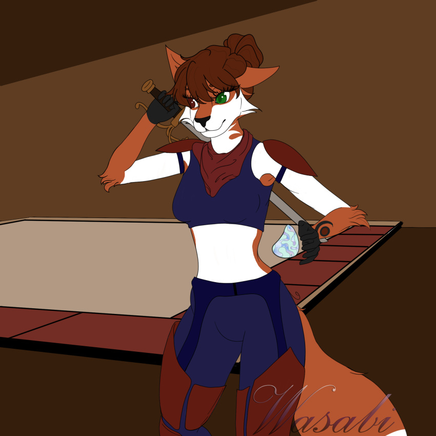 1:1 2022 amber_eyes anthro armor canid canine clothed clothing colored_fur dark_hair digital_drawing_(artwork) digital_media_(artwork) female fox fur green_eyes hair heterochromia hi_res magic mammal melee_weapon orb red_body red_fur rita_penebui solo sword wasabikitten weapon white_body white_fur