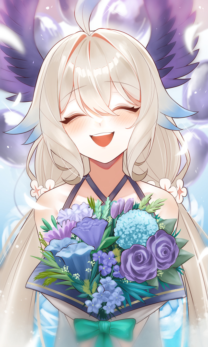 1girl absurdly_long_hair absurdres ahoge bangs bird_girl blonde_hair blue_flower blue_hair blurry blurry_background blush bouquet bow closed_eyes dress enna_alouette flower flower_request gfpebs hair_bow hair_flower hair_ornament happy_birthday head_wings highres long_hair looking_at_viewer low_twintails multicolored_hair nijisanji nijisanji_en purple_bow purple_flower purple_rose purple_tulip purple_wings rose sleeveless smile solo tulip twintails very_long_hair virtual_youtuber white_flower wings