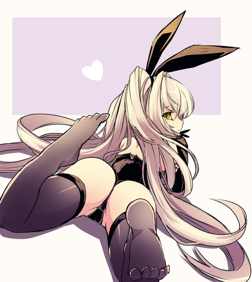 1girl animal_ears ass bare_back bare_shoulders black_gloves black_leotard black_thighhighs brown_eyes elbow_gloves fake_animal_ears feet gloves hand_to_own_mouth highres hisui_(syarute) leg_up legs leotard long_hair lying no_shoes on_stomach original own_hands_together playboy_bunny ponytail rabbit_ears soles solo strapless strapless_leotard thighhighs thighs toes very_long_hair white_hair