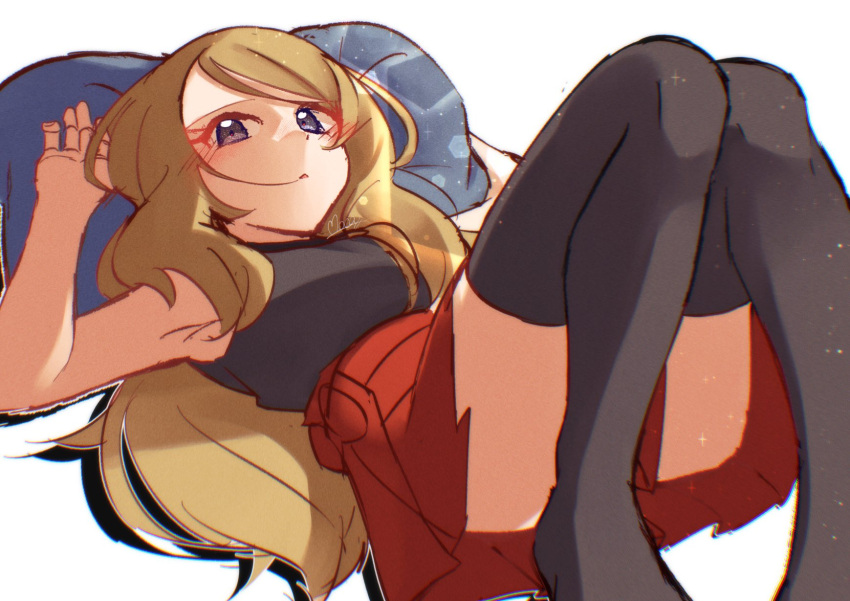 1girl arm_up armpits black_shirt blonde_hair blouse blue_eyes blush breasts highres large_breasts legs lens_flare long_hair looking_at_viewer lying mocacoffee_1001 on_back pillow pokemon pokemon_(anime) pokemon_(game) pokemon_xy pokemon_xy_(anime) red_skirt serena_(pokemon) shirt signature simple_background skirt socks solo thighhighs thighs white_background