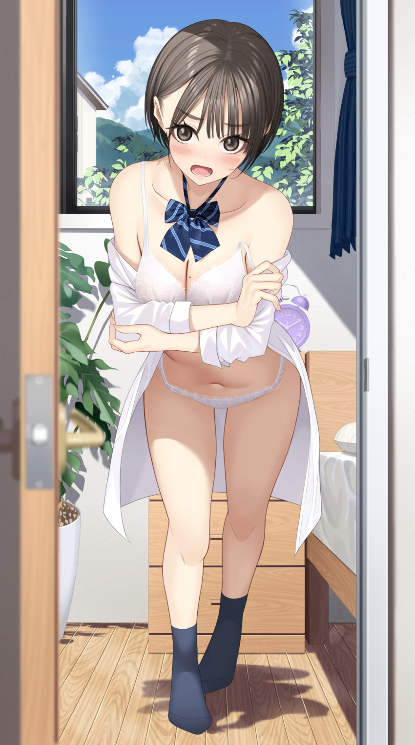 1girl bangs black_eyes black_hair blush bra breasts cleavage highres indoors looking_at_viewer medium_breasts mole mole_on_breast mottsun_(i_40y) navel open_mouth original panties shirt short_hair solo underwear undressing white_bra white_panties white_shirt window