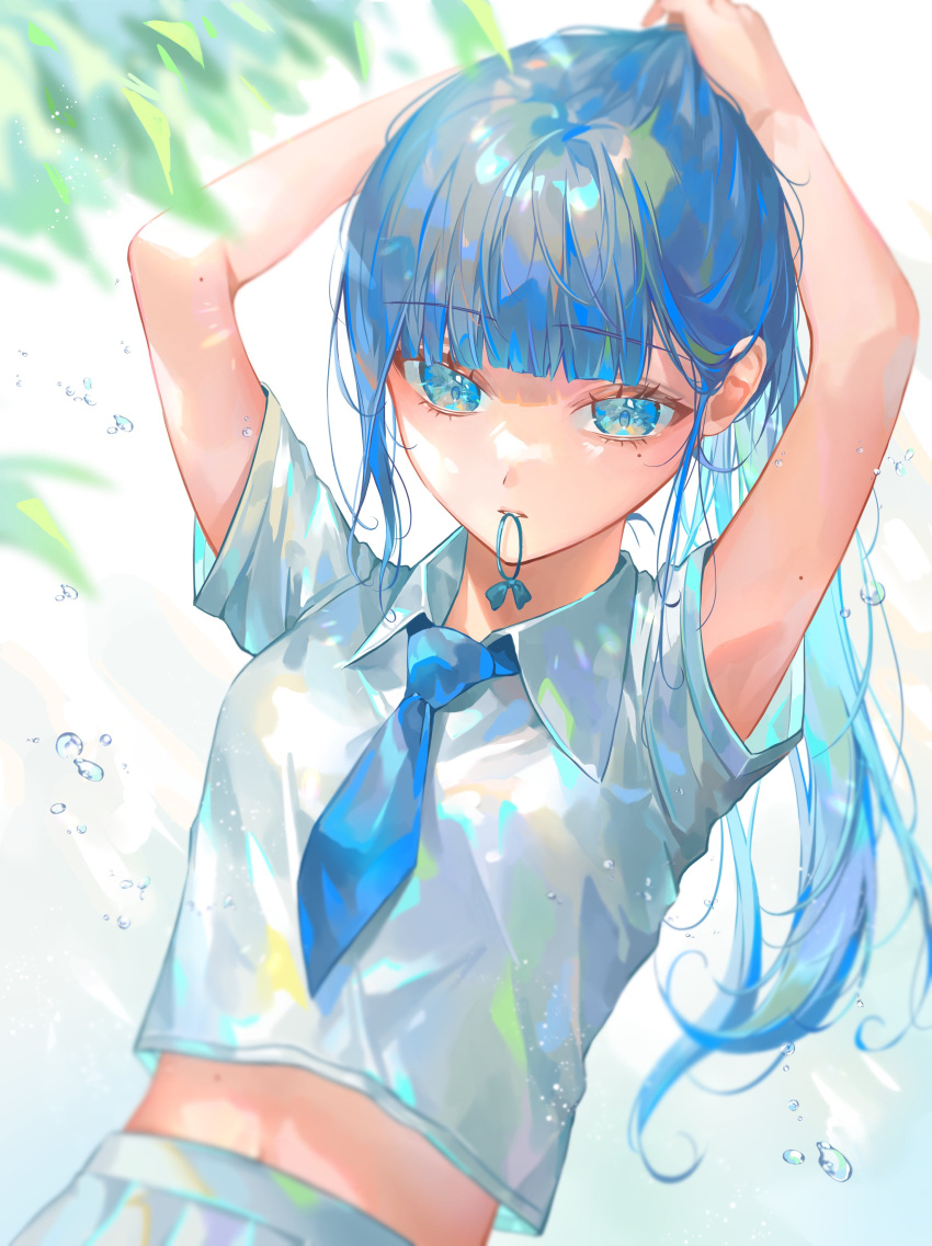 1girl absurdres arms_up bangs blue_eyes blue_hair blue_necktie blue_theme blunt_bangs blurry blurry_foreground grey_skirt highres kinakomocci518 long_hair mole mole_on_arm mole_under_eye mouth_hold navel necktie original plant ponytail skirt solo teeth_hold tying_hair water water_drop