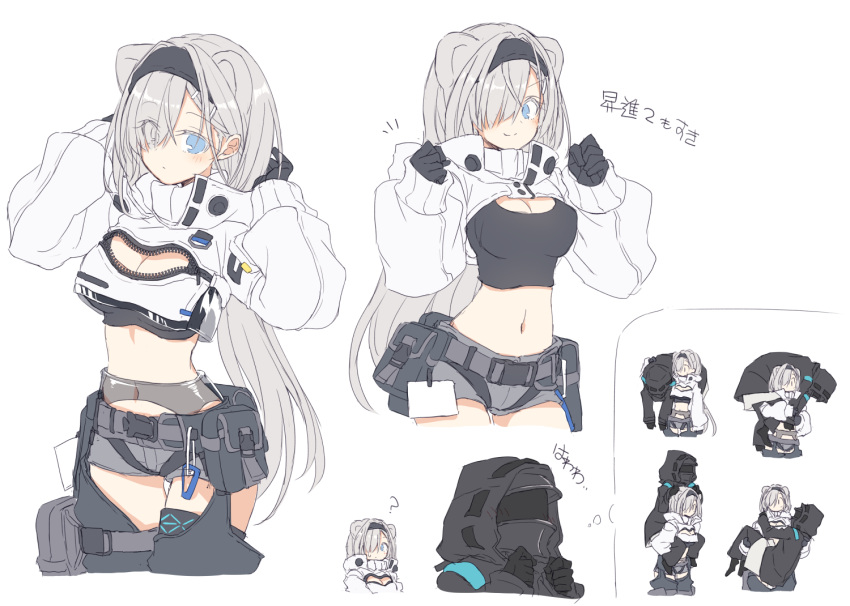 1girl 1other ? ambiguous_gender animal_ears arknights aurora_(arknights) bear_ears bear_girl black_bra black_hairband black_pants blue_eyes bra breasts cleavage cleavage_cutout clothing_cutout cropped_jacket cropped_legs doctor_(arknights) extra_ears eyes_visible_through_hair grey_hair hair_over_one_eye hairband hands_up jacket long_hair looking_at_viewer medium_breasts midriff multiple_views pants satou_kibi simple_background smile split_mouth thigh_cutout underwear very_long_hair white_background white_jacket