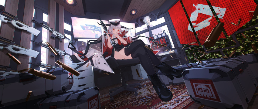 1girl absurdres bangs blunt_bangs blush boots chair coat coat_on_shoulders computer crossed_legs dutch_angle gun hat high_heel_boots high_heels highres hoji_(hooooooooji1029) holding holding_gun holding_weapon horns long_hair looking_at_viewer monitor multiple_monitors office_chair open_clothes open_coat original red_eyes shell_casing shirt sitting skirt sleeveless sleeveless_shirt solo thighhighs weapon white_hair