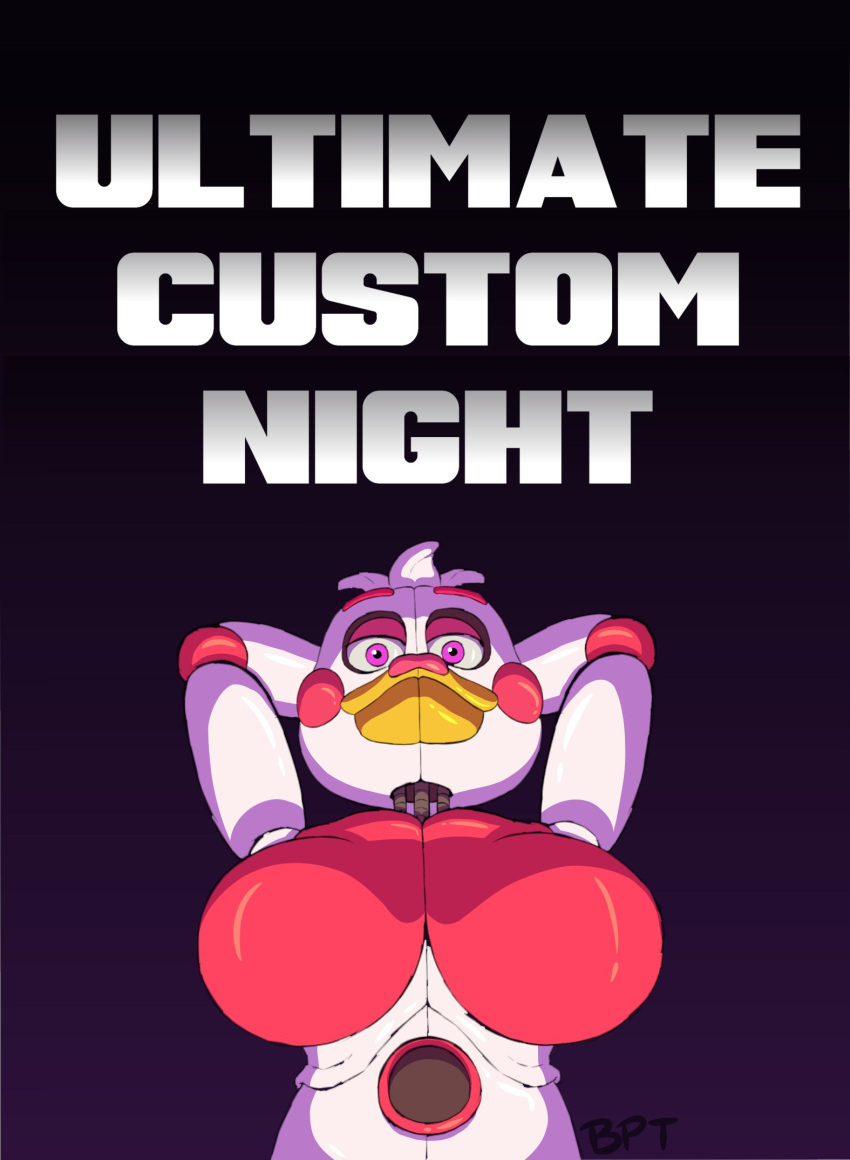 animatronic anthro avian ball_joints beak beakstick big_breasts bird breasts brush_pen_ten chicken clothing doll_joints eyeshadow female five_nights_at_freddy's freddy_fazbear's_pizzeria_simulator funtime_chica_(fnaf) furgonomics galliform gallus_(genus) hands_behind_head head_feathers head_tuft hi_res huge_breasts lipstick looking_at_viewer machine makeup phasianid pink_clothing pink_eyes pink_eyeshadow pink_lipstick pink_topwear purple_background robot rosy_cheeks scottgames simple_background solo text topwear tuft video_games white_body yellow_beak