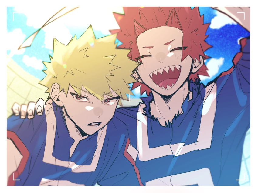 2boys :d ^_^ arm_around_shoulder bakugou_katsuki blonde_hair boku_no_hero_academia border closed_eyes cloud fisheye hand_on_another's_shoulder hane11254 kirishima_eijirou looking_at_viewer male_focus multiple_boys open_mouth red_eyes red_hair sharp_teeth sky smile spiked_hair teeth torn_clothes track_suit u.a._gym_uniform viewfinder white_border